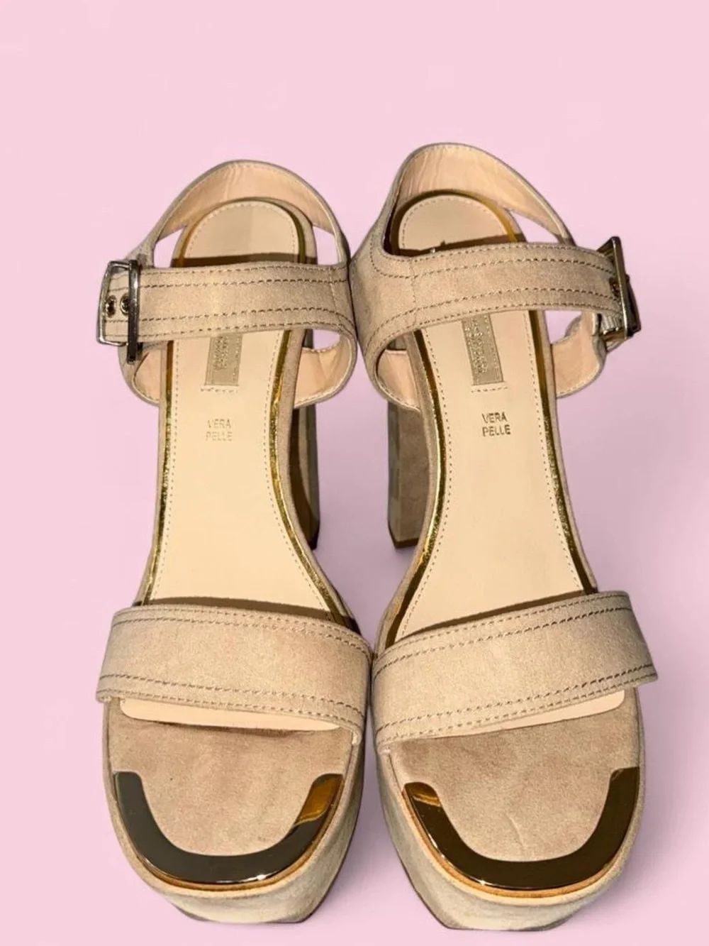 Prima Donna Taupe Suede Platform Sandals with Gold Accent